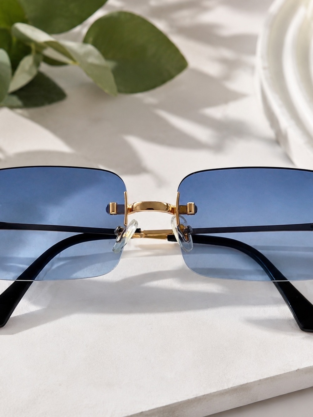 Blue Gradient Rimless Sunglasses with Gold Bridge